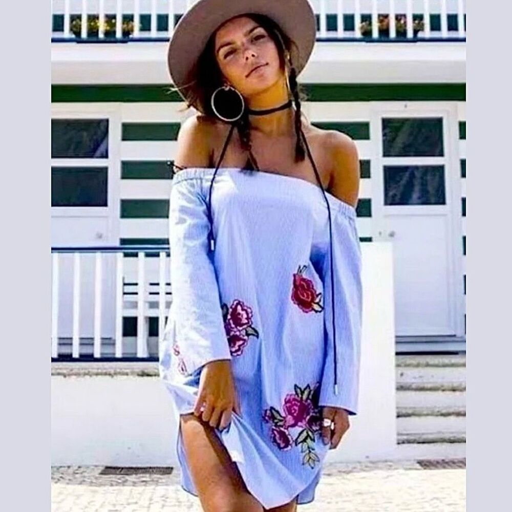 ZARA Swim Coverup Embroidered Off Shouler Beach Dress Size XS • BLOGGER FAVORITE